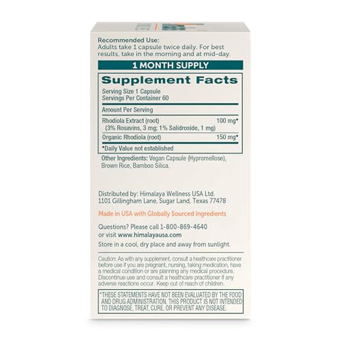Rhodiola: Energia, Redução do Estresse e Resistência ao Exercício – 250 mg, 60 Cápsulas Veganas, 1 Mês de Suprimento - Himalaya