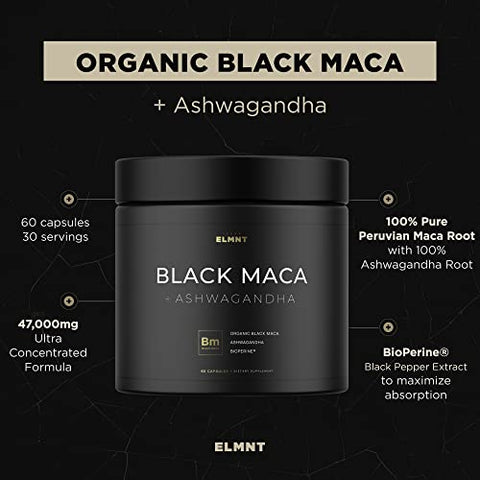 TERRA ELMNT - ELMNT 40,000mg 40x Força Raiz de Maca Preta Orgânica com Ashwagandha – Cápsulas de Raiz de Maca Peruana de Maior Potência para Homens – Pó de Maca Peruana 100% Puro, Gelatinizado – 40g