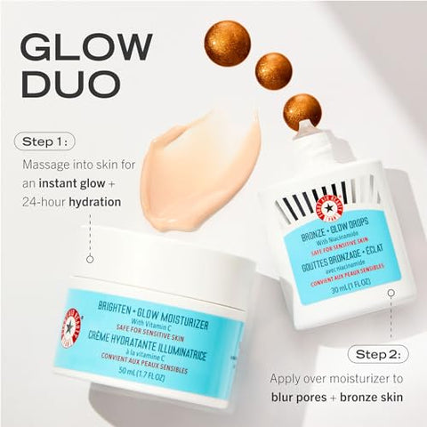 Bronze Glow Drops com Niacinamida – Sérum Facial para um Brilho Instantâneo, Uniformiza a Tonalidade da Pele e Minimiza Poros – Seguro para Peles Sensíveis – 30ml - First Aid Beauty