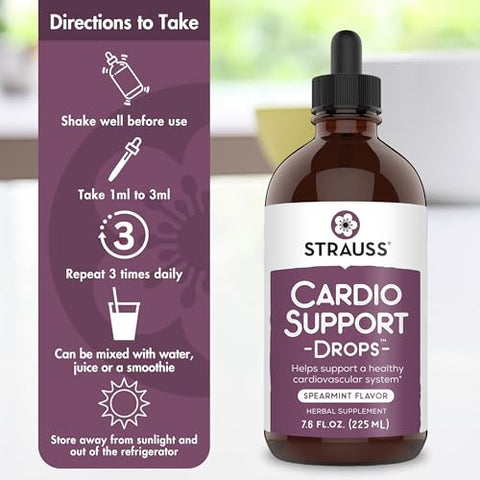 Strauss Heartdrops - Strauss Naturals Cardio Support Drops – Suplemento Herbal Natural para um Sistema Cardiovascular Saudável – Não-OGM, Vegano, Livre de Glúten e Soja – 225ml