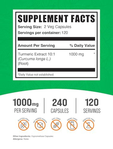 com Cápsulas de Extrato de Cúrcuma – Suplemento de Cúrcuma, Suplemento de Curcumina 1000mg – Livre de Glúten, 2 Cápsulas por Porção, 240 Cápsulas Vegetais (Pacote de 1) - BulkSupplements