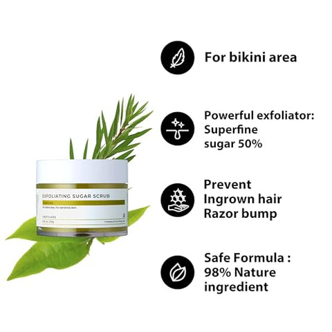 YNOTCARE - Esfoliante de Açúcar para Área Íntima do Biquíni, Pele Sensível, Previne Pelos Encravados e Irritações Após Depilação com Cera e Barbear do Biquíni, Tea Tree/250g