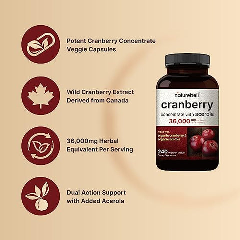 NatureBell - Cranberry Pills 36,000mg com Acerola, 240 Cápsulas Vegetais | Extrato de Cranberry Fresco 100:1 – Ingredientes Orgânicos – Suporte à Saúde do Trato Urinário – Sem Açúcar