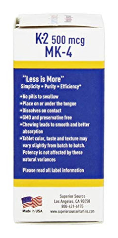 Vitamina K2 MK-4 (Menaquinona-4), 500 mcg, Comprimidos MicroLingual de Dissolução Rápida, 60 Unidades, Ossos e Artérias Saudáveis, Imunidade - Superior Source