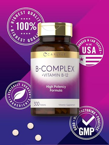 B-Complex Vitamina com B12 | 300 Comprimidos | Fórmula de Alta Potência | Suplemento Vegetariano e Não-OGM - Carlyle