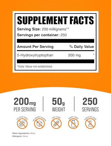 com 5-HTP em Pó – 5-Hidroxitriptofano, Suplemento 5-HTP 200mg, Suporte ao Humor – Livre de Glúten, 200mg por Porção, 50g (1,8 oz) (Pacote de 1) - BulkSupplements