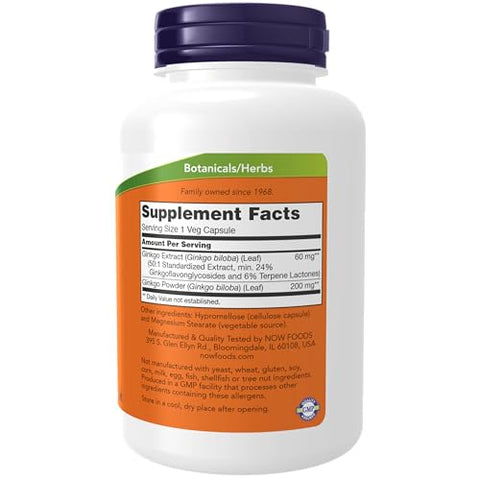 Ginkgo Biloba 60 mg – Extrato Padronizado 24%, Verificado pelo Projeto Non-GMO, 240 Cápsulas Vegetais - NOW Foods