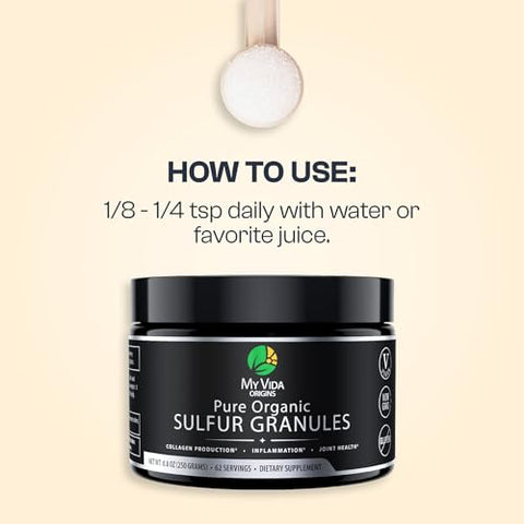 Sulfur Orgânico Puro | Grânulos de MSM 99% Puros para Dor nas Articulações, Inflamação, Energia, Cabelo, Pele e Unhas | Não-OGM, Vegano, Sem Glúten (62 Porções) 2g - My Vida Origins