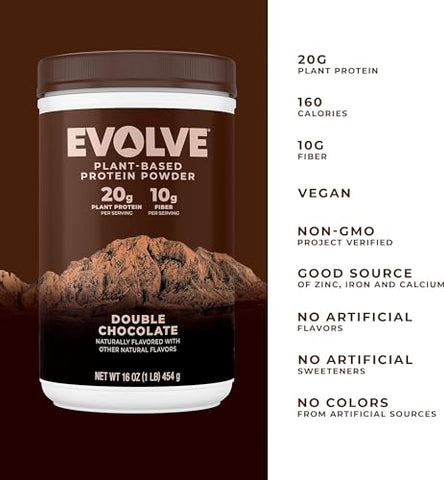 Proteína em Pó à Base de Plantas, Sabor Chocolate Duplo, 20g de Proteína Vegana, Sem Laticínios, Sem Sabores Artificiais, Não-OGM, 3g de Fibra, Exclusivo da Amazon, 2 Libras (Embalagem Pode Variar) - Evolve
