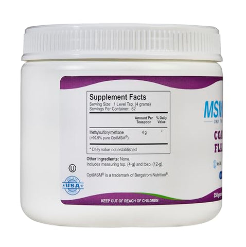 MSMPure MSM – Pó em Flocos 250g, Cristais de Enxofre Orgânico Destilado 99,9% Puro para Saúde das Articulações e Pele - KALA HEALTH