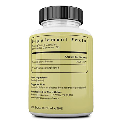 Cápsulas de Sebo de Gado Alimentado com Capim, 3000mg, Suplemento Nutritivo de Gordura Renal, Suporta Ossos, Dentes, Gengivas, Pele, Imunidade e Saúde Geral, Não-OGM, 180 Cápsulas - Ancestral Supplements