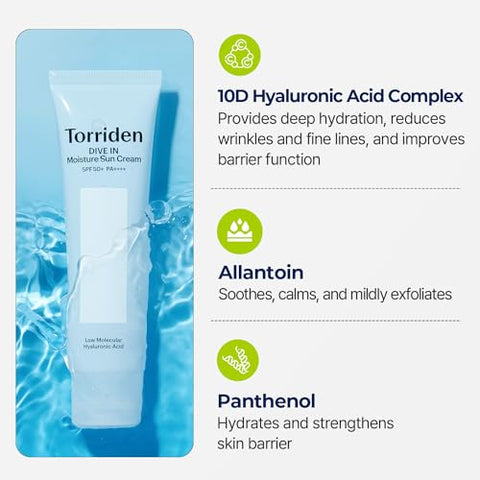 Protetor Solar Torriden DIVE-IN Watery Moisture SPF50 PA, 10D Ácido Hialurônico para Pele Hidratada, Preenchida e Macia, Proteção Solar Leve para Pele Sensível – Coreano