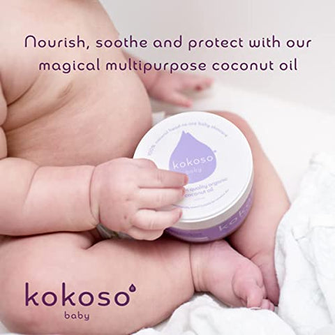 Kokoso - Óleo de Coco Orgânico para Bebês – Hidratante 100% Natural para Massagem, Pele Seca, Sensível e Normal do Bebê – 168g