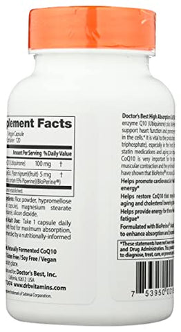 Doctor's BEST - Doctors Best CoQ10 com BioPerine 100 MG – Alta Absorção, Vegano, 120 Cápsulas Vegetais (Embalagem de 1)