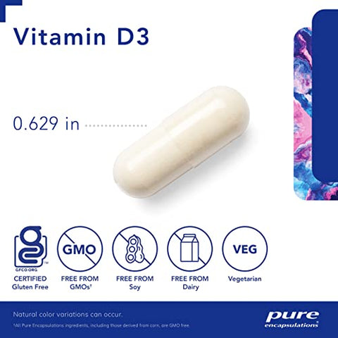 Vitamina D3 Pure Encapsulations 250 mcg (10.000 UI) – Suporte para os ossos, articulações, mama, coração e cólon