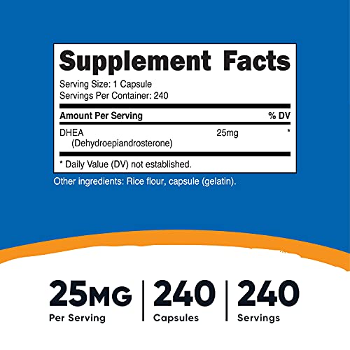 DHEA 25mg – 240 Cápsulas | Livre de Glúten, Soja e Transgênicos | Suplemento de Qualidade | - Nutricost