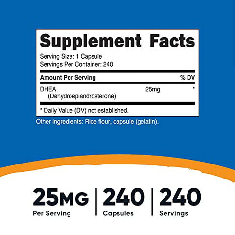 DHEA 25mg – 240 Cápsulas | Livre de Glúten, Soja e Transgênicos | Suplemento de Qualidade | - Nutricost