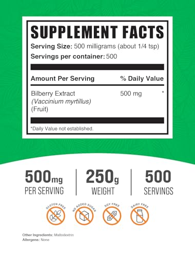 Bilberry Extract Powder BulkSupplements.com – Extrato de Frutas de Mirtilo, Pó de Mirtilo, Suplemento de Mirtilo para os Olhos – Livre de Glúten, 500mg por Porção, 250g (Pack de 1)