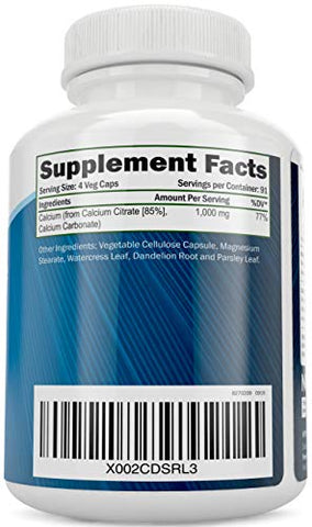 Purely Holistic - Calcium Citrate 1000mg – 365 Cápsulas Veganas com Salsa, Dente-de-leão e Agrião – Sem Vitamina D – Fabricado nos EUA pela