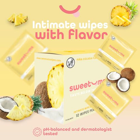 Sweetums - Lenços íntimos femininos para mulheres, embalados individualmente – Lenços íntimos com sabor e pH balanceado – Pacote com 10 unidades (Pina Colada)