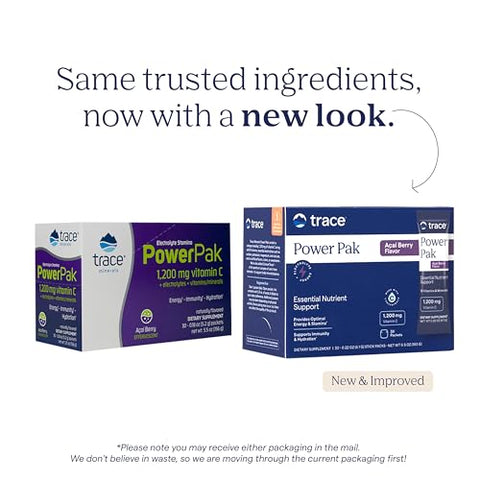 Power Pak Pó Eletrólito | 1200 mg Vitamina C, Zinco, Magnésio | Fortaleça a Imunidade, Hidratação e Energia Natural | Açaí | 30 Pacotes - Trace Minerals