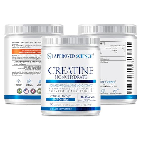 Creatina Monohidratada em Pó Approved Science com BioPerine – Suporte para Treino – 120 Porções – 5g por Porção – Sem Sabor – Pacote com 2 – Não-OGM, Vegano
