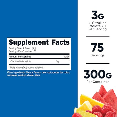 L-Citrulline Malate 2:1 (300g) Fruit Punch – Suporte para Treino, Desempenho Muscular, Estimulante de Óxido Nítrico – Pó de Suplemento Fitness, 75 Porções - Nutricost