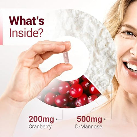 Cápsulas de D-Mannose 500mg com Extrato de Cranberry – Nested Naturals, D Mannose Cranberry Pills, Tratamento Urinário