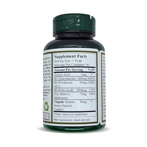 Green Organic Supplements - Acne, Ácido Azelaico, 90 Cápsulas, Alta Absorção, Sem Transgênicos, Sem Glúten, (Pacote com 3)