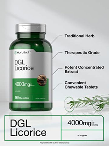 DGL Tabletes Mastigáveis de Alcaçuz | 4000mg | 180 Unidades | Vegetariano e Não-OGM | Extrato de Raiz de Alcaçuz Deglicirrizinado - Horbäach