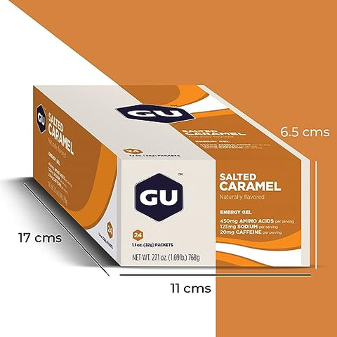 GU ENERGY GEL - GU Energy Gel Original – Energia Vegana, Sem Glúten, Kosher e Sem Laticínios para Qualquer Treino – 24 Unidades, Sabor Caramelo Salgado