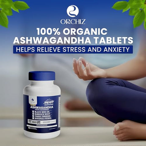 Orchiz - Certified Organic Ashwagandha com Shilajit, Óleo de Semente Preta, Raiz de Bardana, Ginseng Panax, Rhodiala Rosea, Ginkgo Biloba, Cúrcuma, Teste de Laboratório – 15250mg, 90 Cápsulas