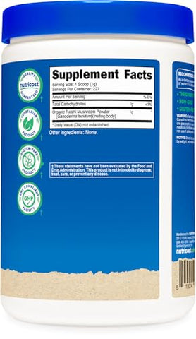 Pó de Cogumelo Reishi Orgânico 227g – Certificado USDA 100% Orgânico, Vegetariano, Não-OGM, Livre de Glúten - Nutricost