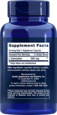 Carnosine – Envelhecimento Saudável, Recuperação de Exercícios, Sem Glúten, Não-OGM, Vegetariano, 60 Cápsulas - Life Extension
