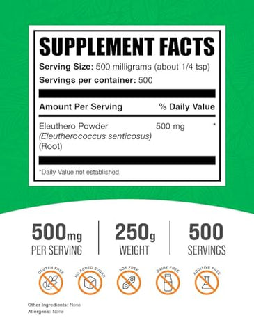 Eleuthero em Pó BulkSupplements.com – Ginseng Siberiano em Pó, Eleutherococcus senticosus, Suplemento Herbal, Sem Glúten, 500mg por Porção, 250g (Pack de 1)