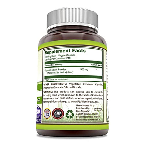 Neem | 500 Mg por Porção 240 Cápsulas Vegetais | Não-OGM | Sem Glúten | Fabricado nos EUA | Ideal para Vegetarianos - Pure Naturals