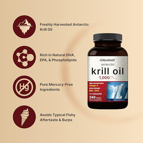 Óleo de Krill Antártico 1000mg, 240 Softgels, Fonte Natural de Ômega-3, EPA, DHA e Astaxantina – Sem Sabor Residual – Suporte à Saúde Cardíaca, Livre de Mercúrio - NatureBell