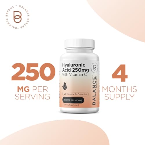Balancebreens - Suplemento de Ácido Hialurônico Puro 250mg com Vitamina C 50mg – 120 Cápsulas Veganas – Hidratação da Pele para um Brilho Natural – Suplemento Puro de AH com Cabelos, Unhas e Ossos