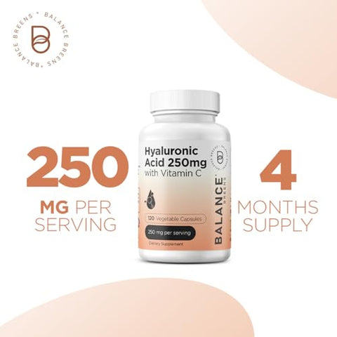 Balancebreens - Suplemento de Ácido Hialurônico Puro 250mg com Vitamina C 50mg – 120 Cápsulas Veganas – Hidratação da Pele para um Brilho Natural – Suplemento Puro de AH com Cabelos, Unhas e Ossos