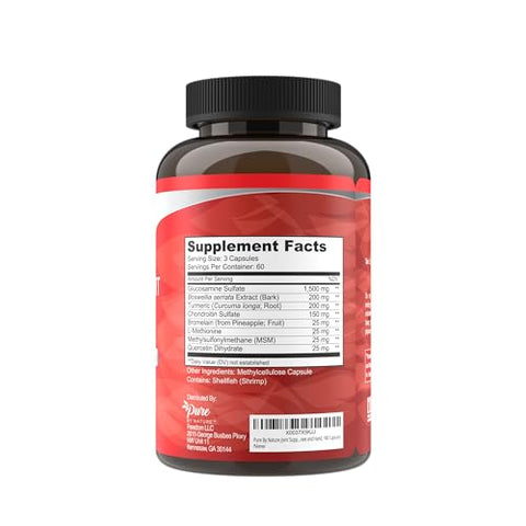 Suporte Articular, Glucosamina com Condroitina Cúrcuma MSM Boswellia, 180 Cápsulas - Pure By Nature