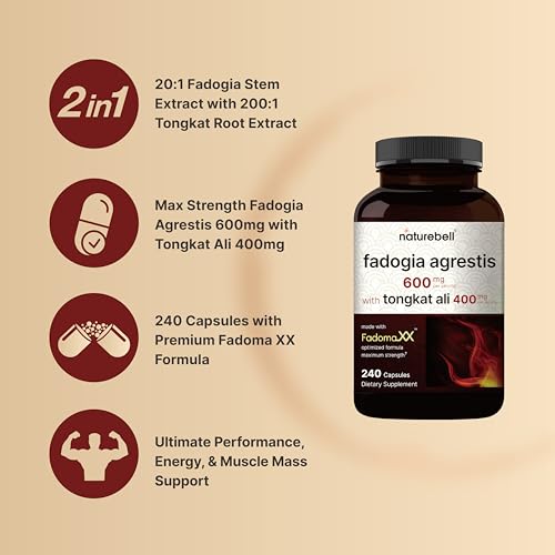 Fadogia Agrestis 600mg com Tongkat Ali 400mg, 240 Cápsulas | Extrato de Caule de Fadogia 20:1 - NatureBell