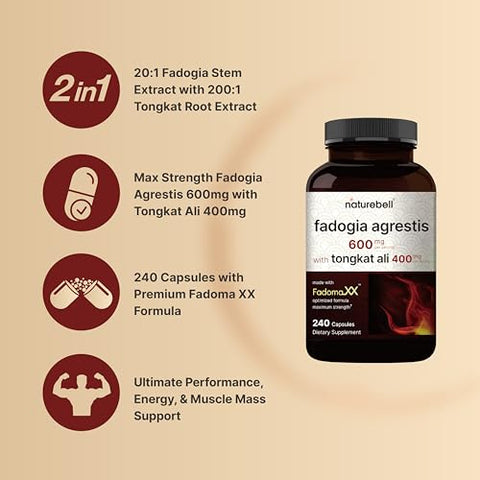 Fadogia Agrestis 600mg com Tongkat Ali 400mg, 240 Cápsulas | Extrato de Caule de Fadogia 20:1 - NatureBell