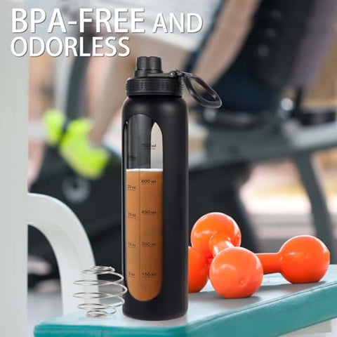 RhythmFit - Garrafa Shaker de Vidro, 1L Livre de BPA com Esfera de Aço Inoxidável 304 e Escova de Limpeza Retrátil para Misturas de Proteínas Fitness (Preto)