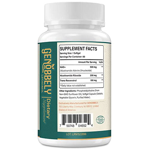 GENOBBELY - Suplemento Liposomal NAD 800 mg com Nicotinamida Ribosídeo 200 mg, Trans-Resveratrol 100 mg – Reparo de DNA, Envelhecimento Saudável, Função Cerebral – Fornecimento de 360 Dias
