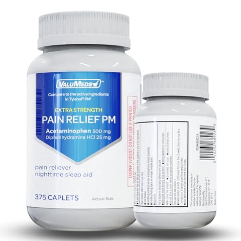 PM Alívio da Dor e Auxílio para Dormir à Noite (375 Comprimidos) Acetaminofeno 500mg | Alívio Rápido para Dores de Cabeça, Enxaquecas, Dores Leves | Não Causa Dependência Comparado a - ValuMeds
