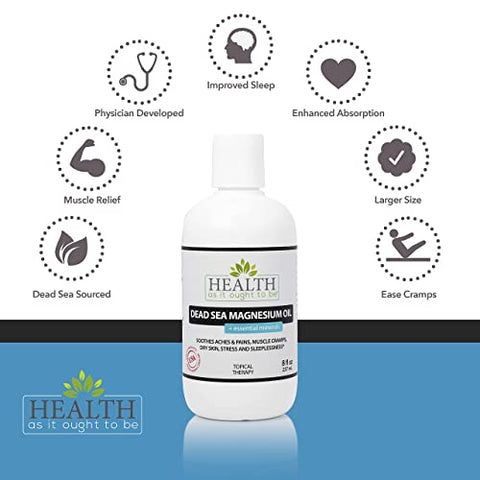 Óleo de Magnésio do Mar Morto Health As It Ought To Be | Minerais Essenciais | Fórmula Médica Calmante | Alivia Dores, Cãibras, Insônia | 8 Ounce (236 ml)