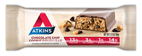 Barra de Proteína de Massa de Biscoito com Gotas de Chocolate, Alto Teor de Fibras, 1g de Açúcar, 3g de Carboidratos Líquidos, Substituto de Refeição, 30 Unidades - Atkins