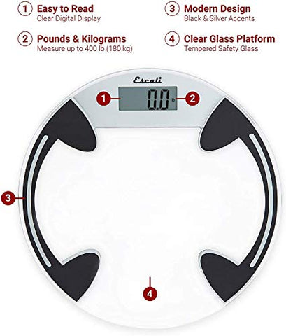 Balança Digital de Banheiro em Vidro para Peso Corporal, Alta Capacidade de 400 lb, Plataforma Redonda Transparente, Bateria Incluída - Escali