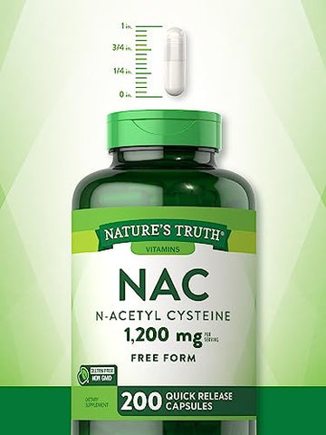 Suplemento Nature’s Truth NAC | N-Acetil Cisteína | 1.200mg | 200 Cápsulas | Aminoácido Livre | Não-OGM