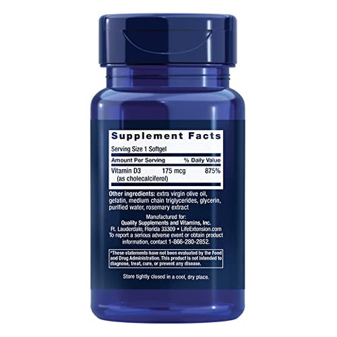 Vitamina D3 175 mcg (7000 UI) Life Extension: Suporte ao sistema imunológico, saúde óssea, desempenho cerebral. Sem glúten, não transgênico. Fornecimento para dois meses em 60 softgels